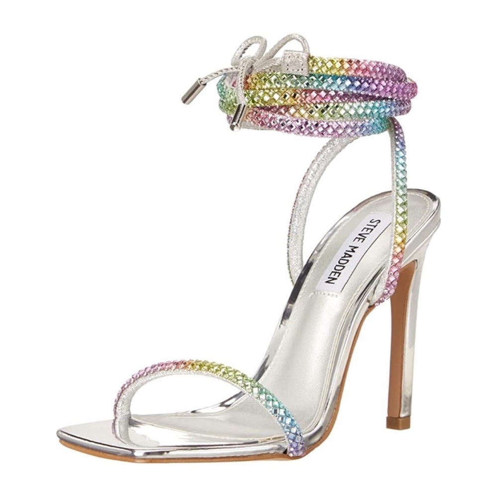 Steve Madden Silver Iridescent Rainbow Braided Ankle Wrap Stiletto